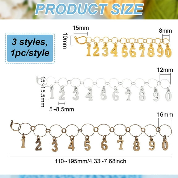 1set Acrylic Beaded Knitting Row Counter Chains with Alloy 0 to 9 Number Mixed color 11~19.5cm 3pcs/set.