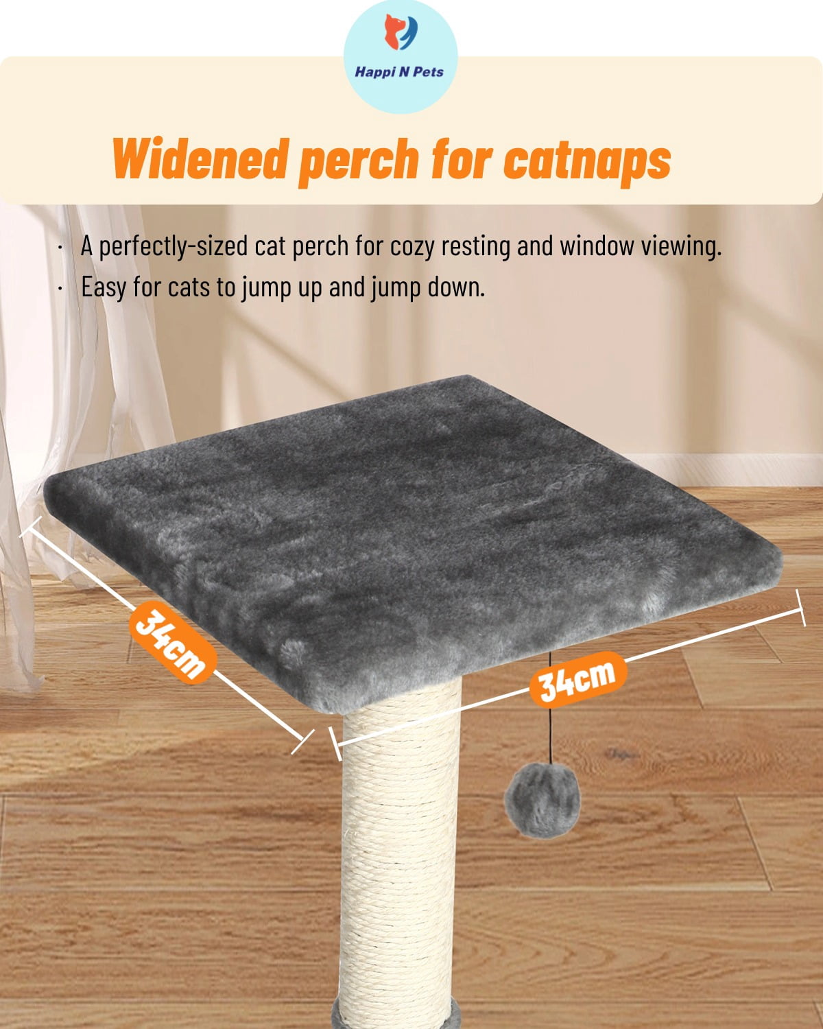 Happi N Pets 26" Cat Scratching Post with Perch, Cat Tree Tower Featuring with Hanging Balls & Viewing Platform, Stable Cat Tower-Light Gray