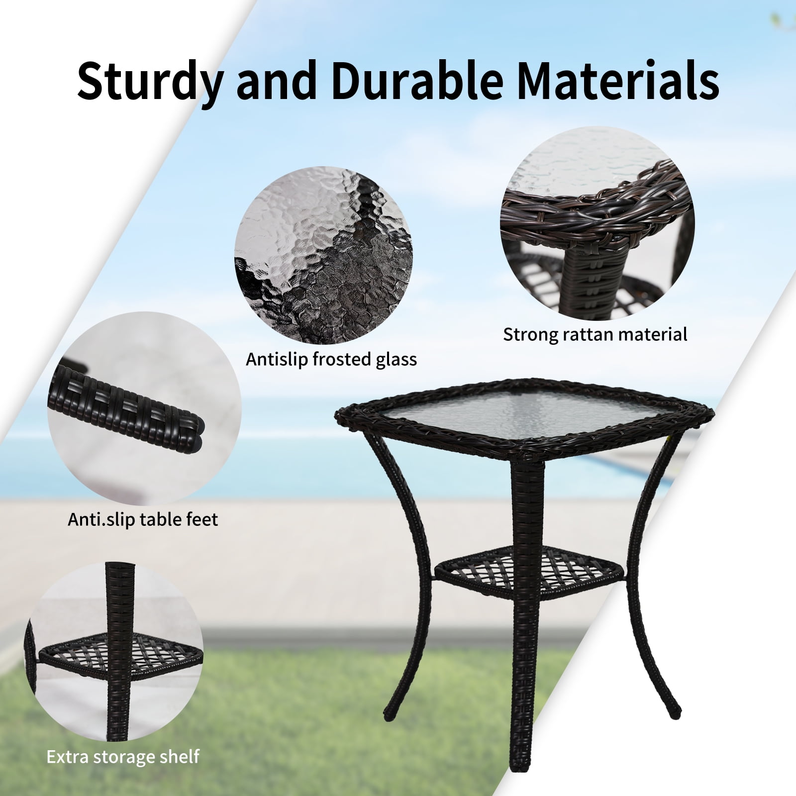 SHGJ&SOFT 3-Piece Patio Conversation Set with Thick Cushions and Glass Table, Modern PE Rattan Outdoor Furniture for Deck, Porch or Garden (Brown)