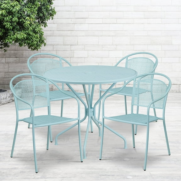 Flash Furniture Commercial Grade 35.25" Round Sky Blue Indoor-Outdoor Steel Patio Table Set with 4 Round Back Chairs