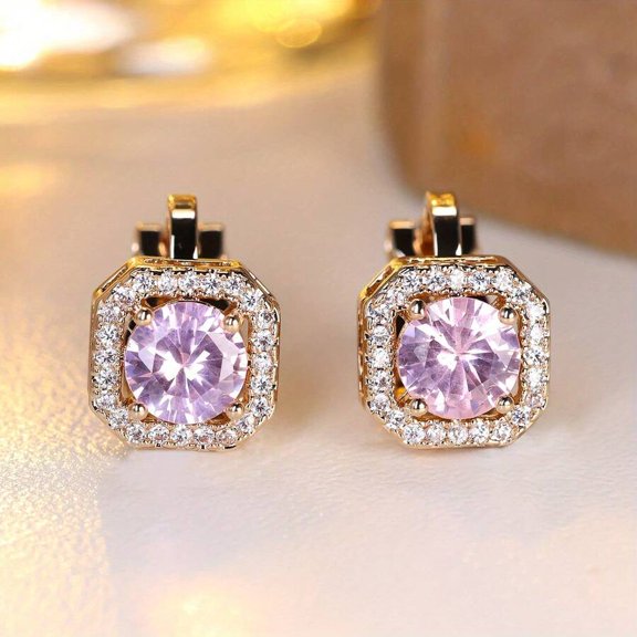 Violet Cubic Zirconia Halo Stud Earrings With Goldtone Octagonal Frame