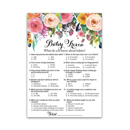 PINK BABY TRIVIA Game — FLORAL PINK Baby Shower Game — Pack of 25 — GIRL Baby Shower Game, Floral, Pink Flowers, Trivia Baby Shower Activity, Fun Baby Facts Game, Dreamy Rose Collection, SKU G100-TRV