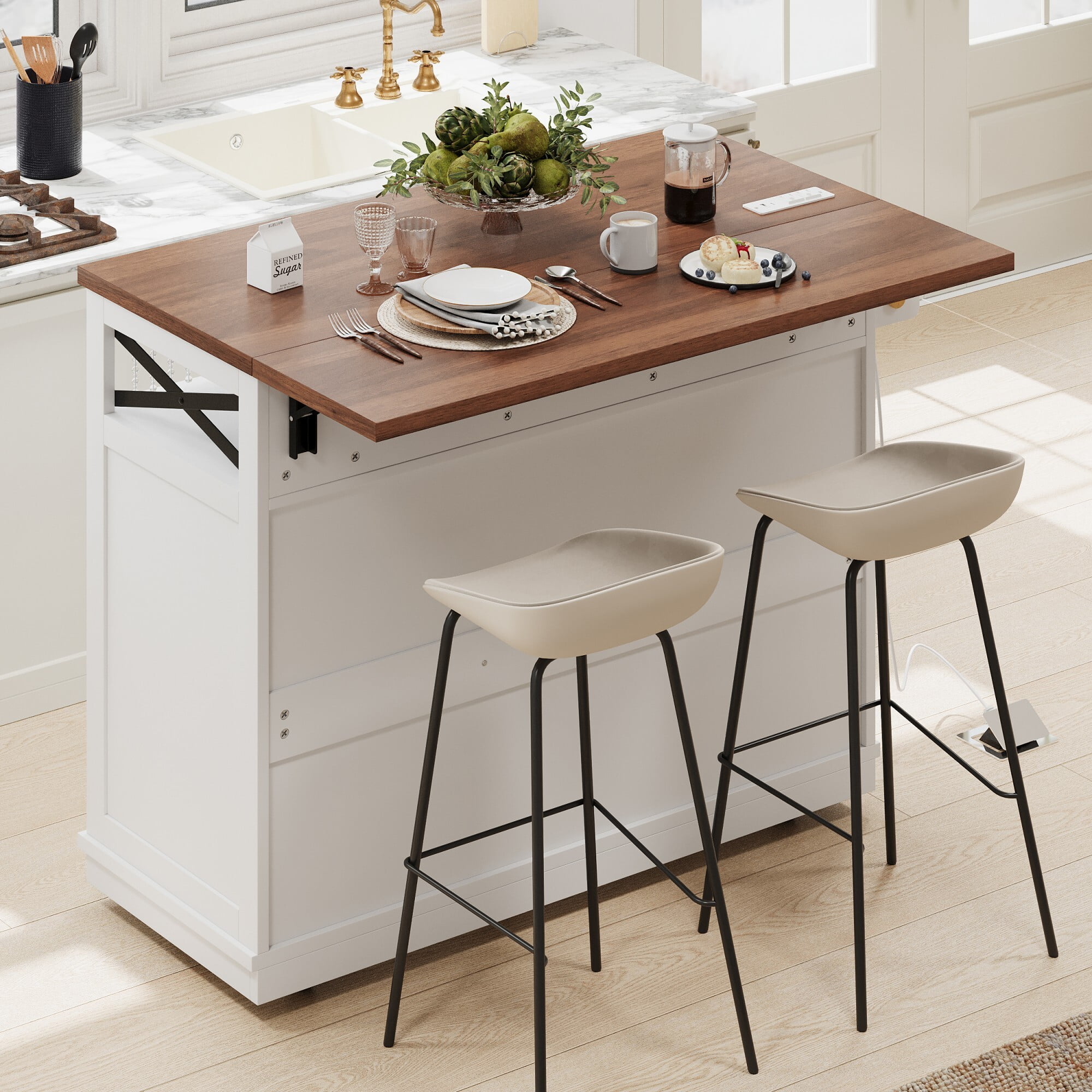DEALTOPS Farmhouse Kitchen Island Storage Cart with Drop Leaf, Power Outlet, Beaded Accent, White