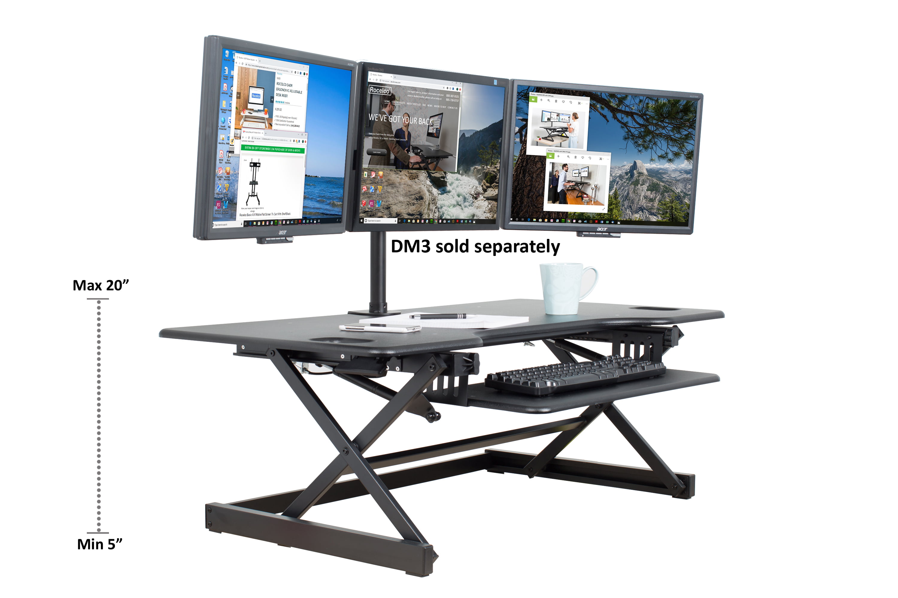 Quick Sit Stand Up Computer Workstation Riser Retractable Keyboard Tray R DADRT-46-DM3 Teak Rocelco 46 Large Height Adjustable Standing Desk Converter with Triple Monitor Mount Bundle 