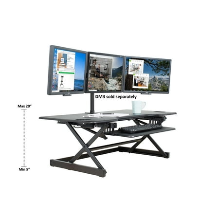 Rocelco 46” Height Adjustable Standing Desk Converter | Sit Stand Up Desk Computer Workstation Riser | Triple Monitor Retractable Keyboard Tray Gas Spring Assist | Black (R