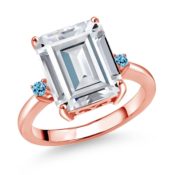 Gem Stone King 18K Rose Gold Plated Silver Swiss Blue Topaz Ring Set with Moissanite (7.44 Cttw) (Size 5)