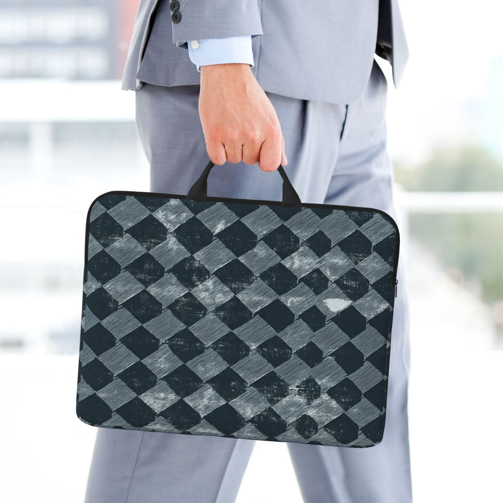 Laptop Sleeve Bag For Women Men 14inch Waterproof Durable Protective Computer Carrying Cover Handle Laptop Case Bag Darkslateblue Houndstooth Vintage Texture Hand-Drawn Sketch_3