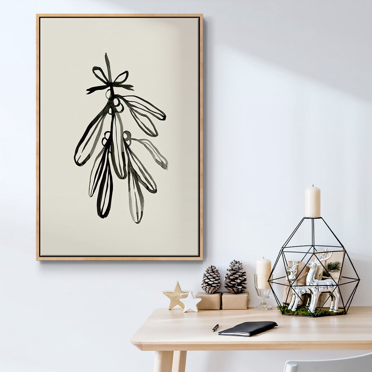 Mistletoe Sketch with Bows I - Framed Gallery Wrapped Holiday Canvas - 17 x 25 - Natural Wood Frame