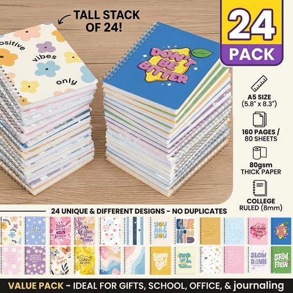 24 Pack A5 Spiral Notebooks, 24 Unique Designs Hardcover Journal, 160 Pages 8mm Line Notebook