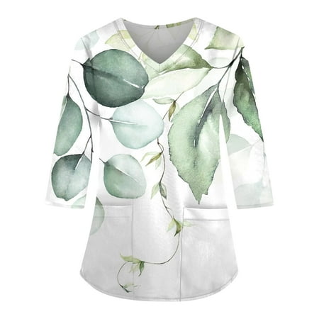 

XHJUN Printed Scrub Tops Women Flower Graphic Scrubs Stretch Soft Working Uniform 3/4 Sleeve V Neck Nursing Tops with Pockets Mint Green S