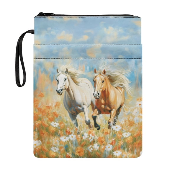 HELLHERO Zipper Pouch Book Organzoer Holder Polyester Fabric Handle Book Storage Bag with Waterproof Storage & Portability, Horse and Floral Pattern