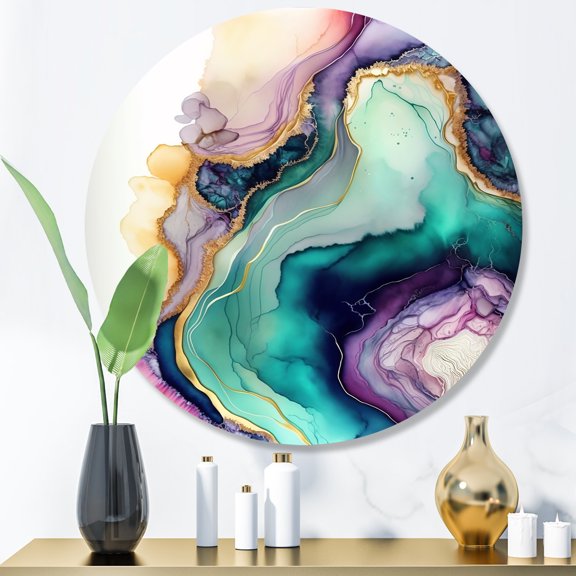 Designart "Geode-Inspired Abstraction in Green and Purple" Abstract Marble Metal Round Wall Art
