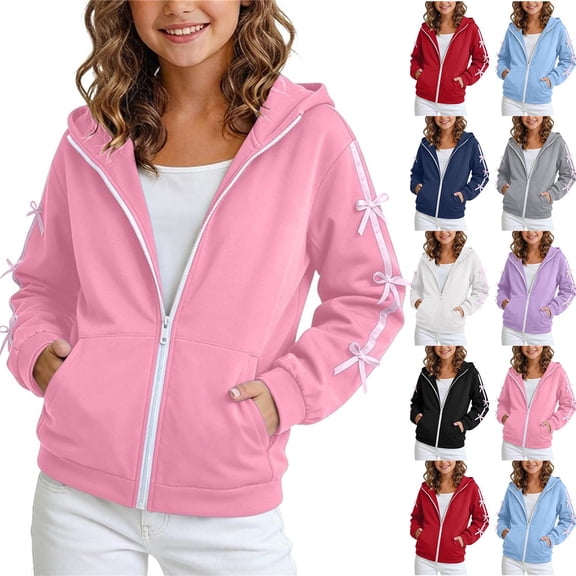 Chiccall Girls Bows Zip Up Hoodies Drawstring Pocket Loose Soft Daily Sweatshirt School Walking Street Outdoor Holiday Hooded Zip Jacket for Kids