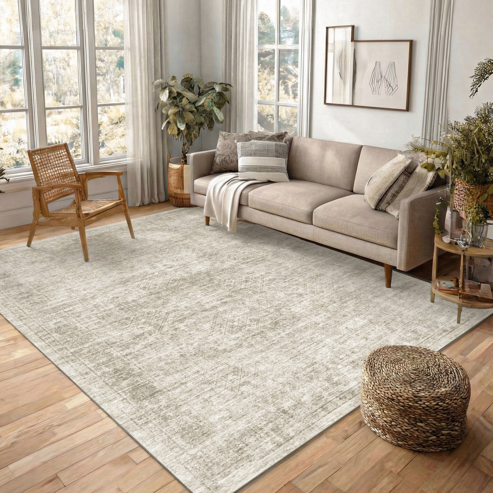 Pentantan 8'x10' Area Rugs, Machine Washable Vintage Boho Rug for Living Room, Moroccan Soft Indoor Carpet for Bedroom, Dining Room, Office, Beige