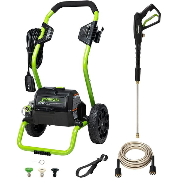 Hidrolavadora eléctrica Greenworks de 2000 PSI (13 A) (ruedas para transporte, manguera de 20 pies, cable de alimentación de 35 pies), ideal para autos, cercas, patios y entradas de vehículos.