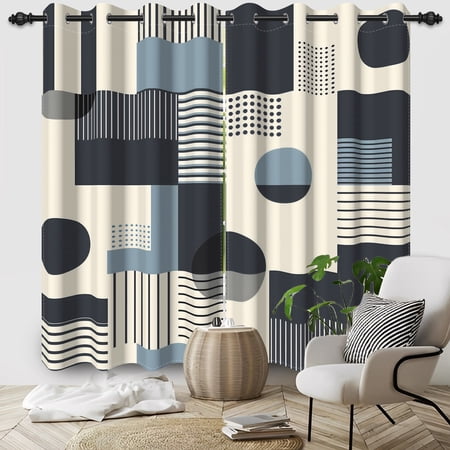 Pbobriich Blue and Beige Geometric Curtains for Bedroom Modern Abstract Stripes Grommet Blackout Curtains for Living Room 2 Panels 52x63 Inch