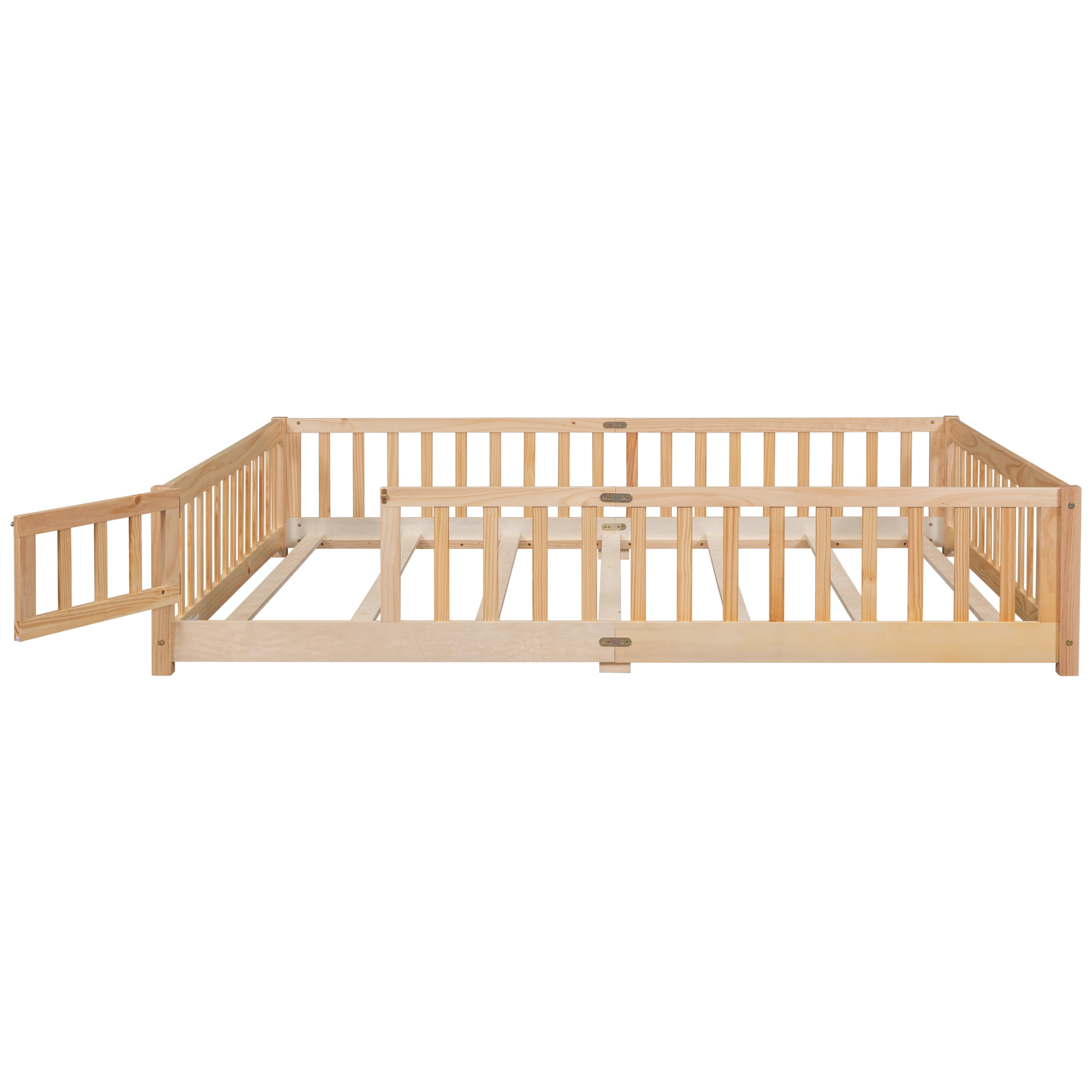 Miniyam Wood Queen Size Floor Bed with Safety Guardrails for Toddler, Natural