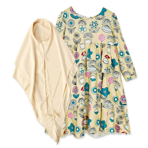 Girls Dresses,Baby Girl Kids Muslim Dress,Two Piece Prayer Maxi Dress Hijab Islamic Abaya Floral A Line Swing Dress 1-6 Years