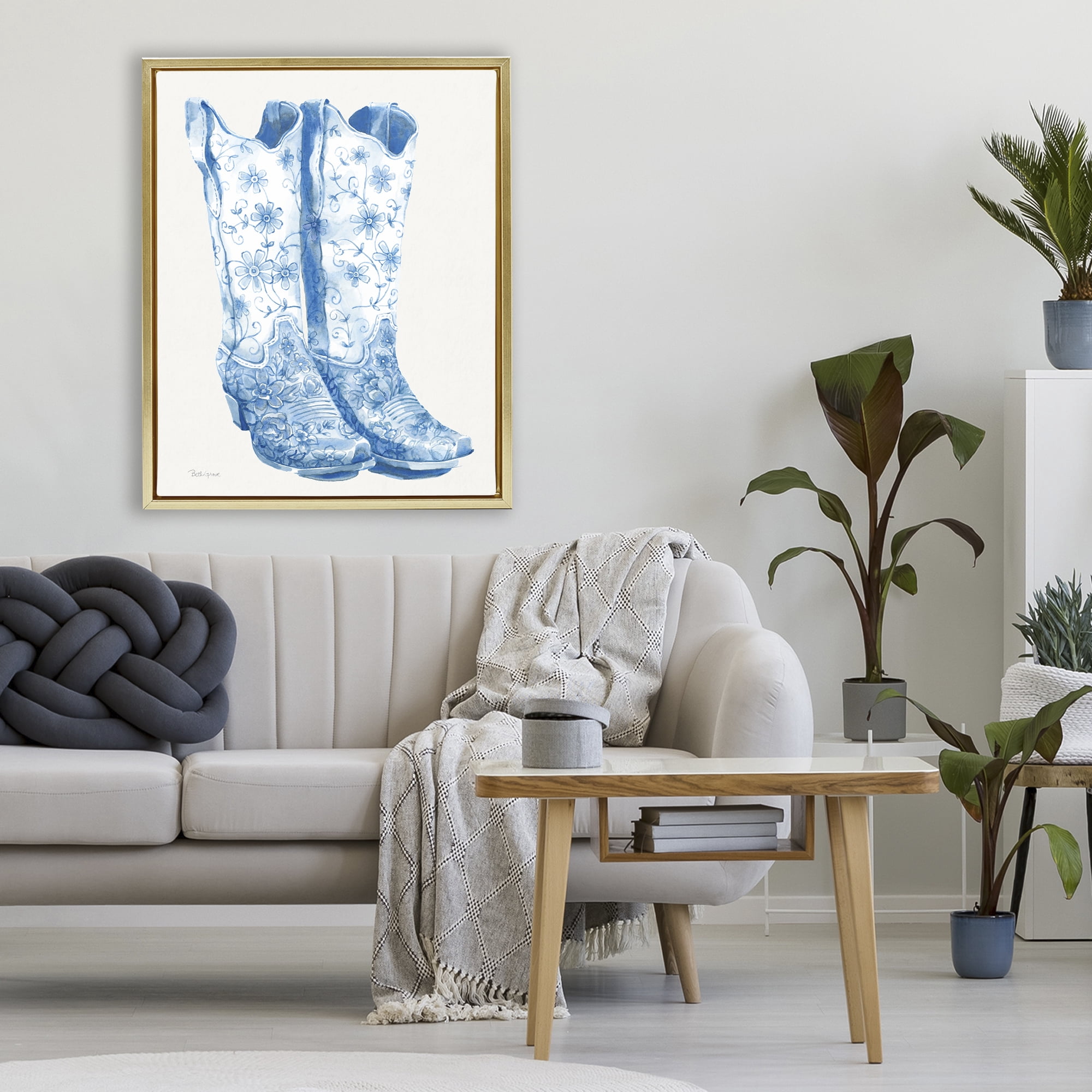 Stupell Industries Blue Boots with Floral Embroidery Gold Framed Floater Canvas Wall Art, design by Beth Grove