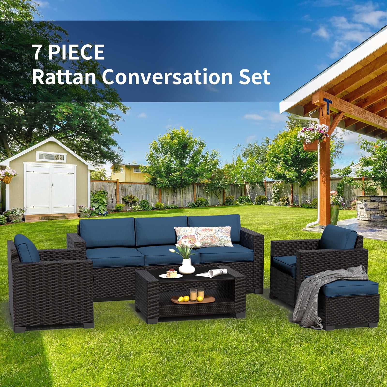 SHGJ&SOFT 7 Piece Patio Furniture Set, Wicker Outdoor Sectional Sofa with Washable Cushion Covers and Tempered Glass Table, Rattan Conversation Set for Poolside