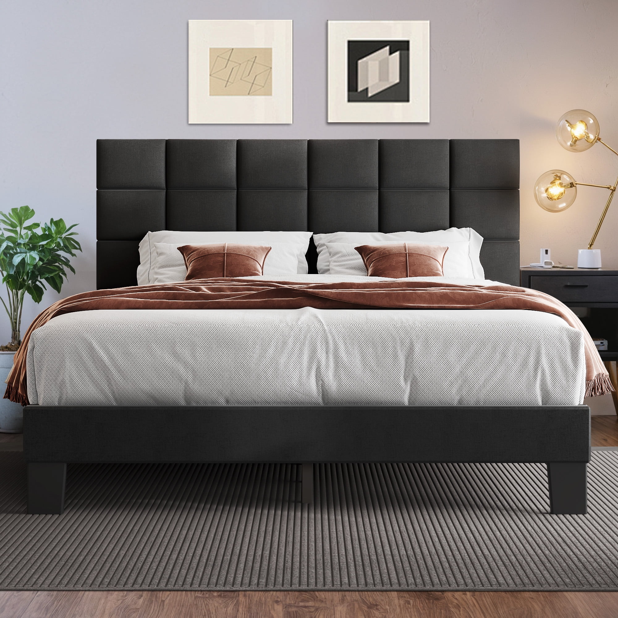 Queen Bed, Lifezone Queen Size Upholstered Bed Frame with Adjustable Headboard, No Box Spring Needed, Dark Grey