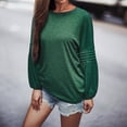 thumbnail image 3 of Top de mujer Color puro cuello redondo poliéster manga larga punto plisado otoño camiseta para el trabajo diario verde negruzco S, 3 of 5