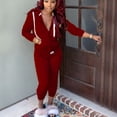 thumbnail image 2 of Women Solid Color Sets Zipper Hood Wear Lounge Wear Suit Sport Set Tops+Pants, 2 of 7