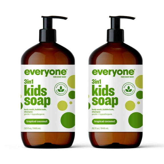 Everyone 3-in-1 Kids Soap, VTF5 Body Wash, Bubble Bath, Shampoo, 32 Ounce (Pack of 2), Tropical Coconut Twist, Coconut Cleanser with Plant Extracts and Pure Essential Oils