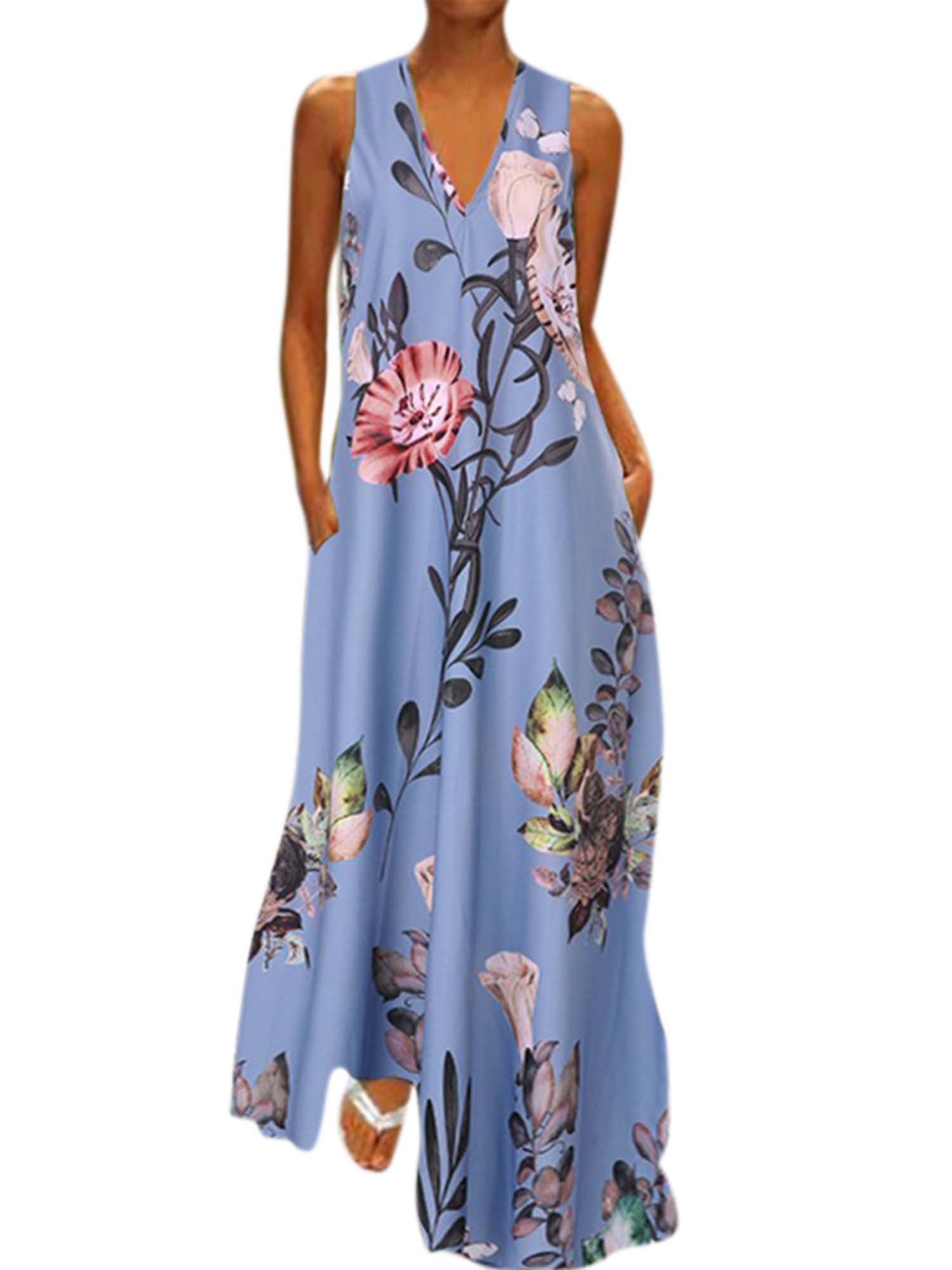 Women V Neck Beach Boho Floral Sleeveless Long Dress Plus Size Summer ...