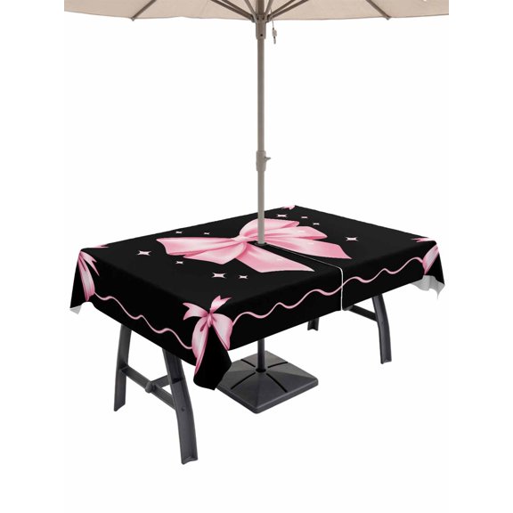 Outdoor Tablecloth with Umbrella Hole and Zipper, Valentine's Day Rectangle Table Cloth 54x80 Inch Waterproof Tablecloth, Pink Bowknot Ribbon on Black Mother's Day Picnic Table Cover for Patio