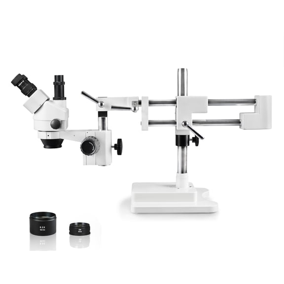 Vision Scientific VS-5FZ Trinocular Zoom Stereo Microscope, 10x WF Eyepiece, 0.7x—4.5x Zoom, 3.5x—90x Magnification, 0.5x & 2x Auxiliary Lens, Double Arm Boom Stand