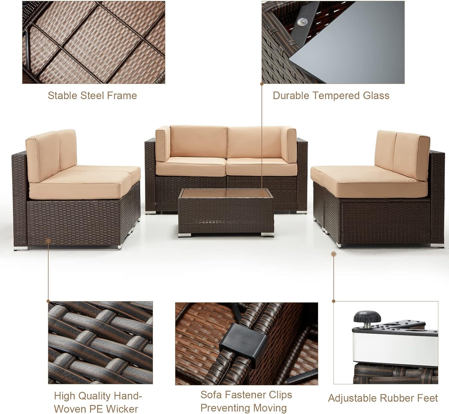 Danrelax 7-Piece Outdoor Sectional Sofa Patio Conversation Set, PE Rattan Wicker Furniture, Steel Frame, Beige Cushion/ Brown Rattan