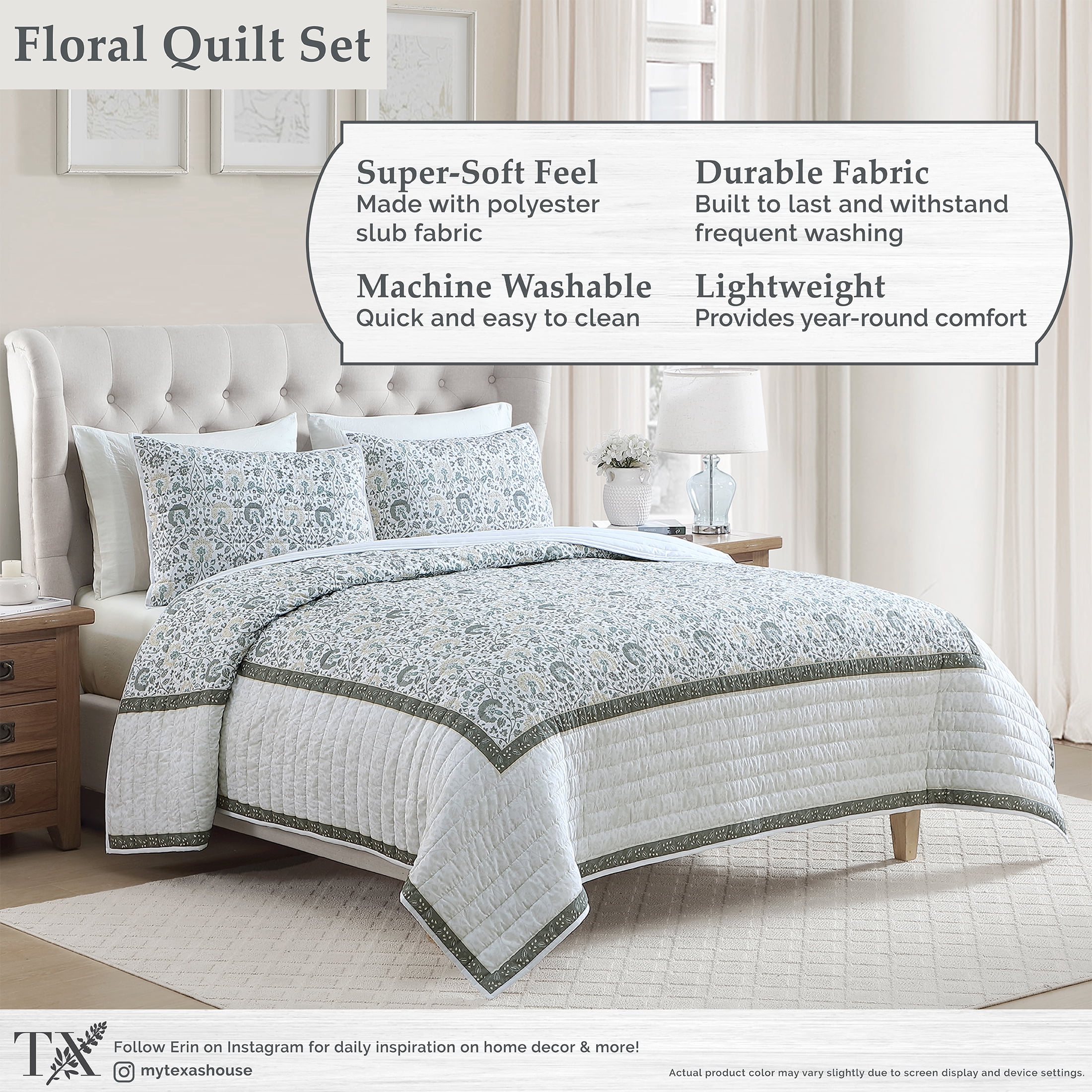 My Texas House Capri 2-Piece Sage Cotton Quilt Set, Twin/Twin XL