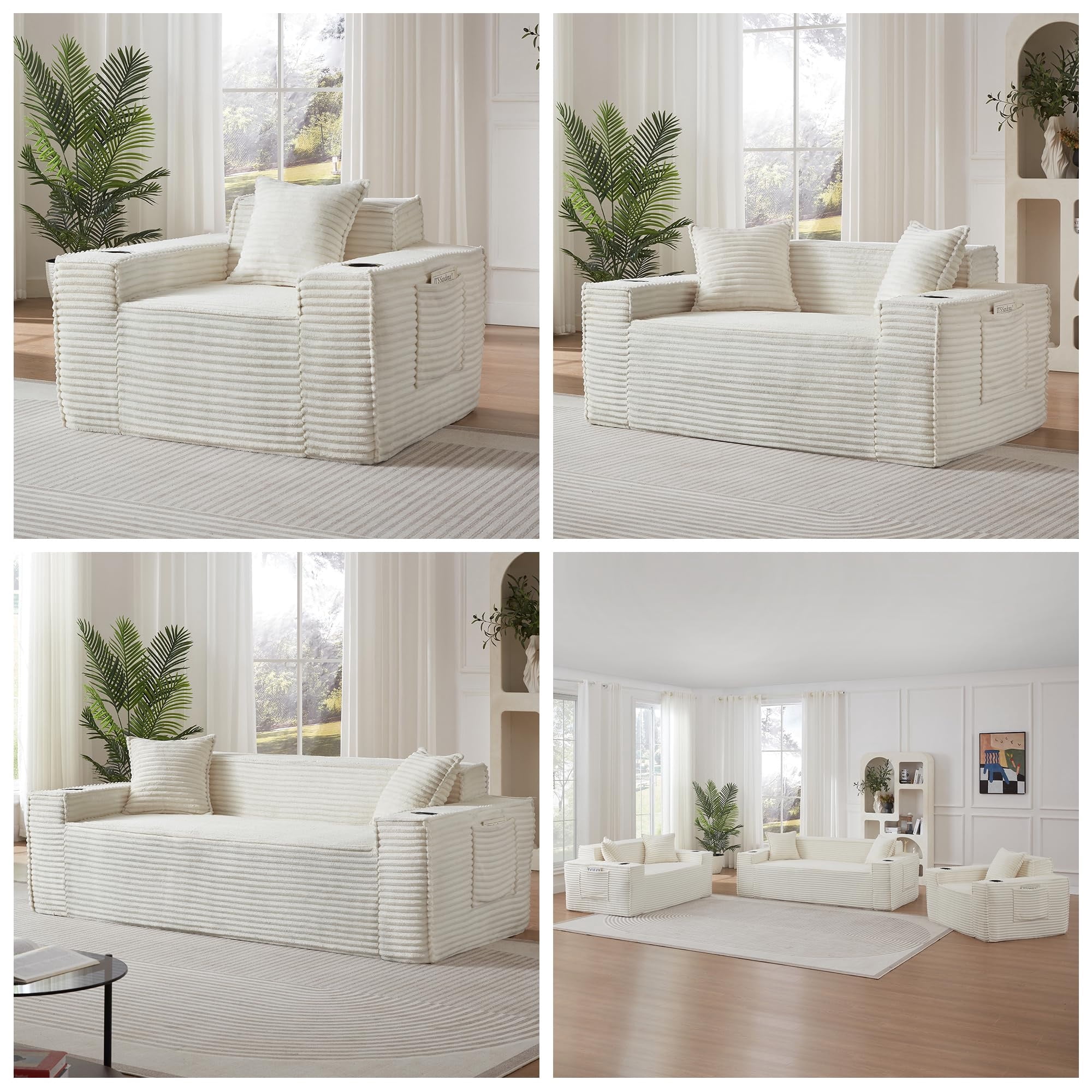 Aukfa 3 Piece Boneless Couch Set, Small Loveseat Cloud Sofa for Living Room, 2 Cup Holders&Storage Pockets, Corduroy, White