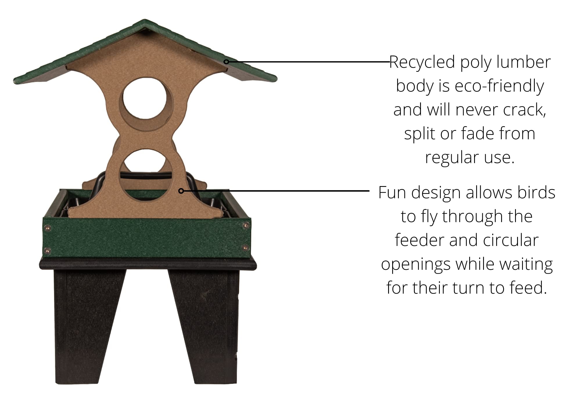 JCs Wildlife Medium Ground Fly Thru Bird Feeder - Holds 4 Cups of Bird Seed - Removable Tray - Covered Platform - Green and Tan