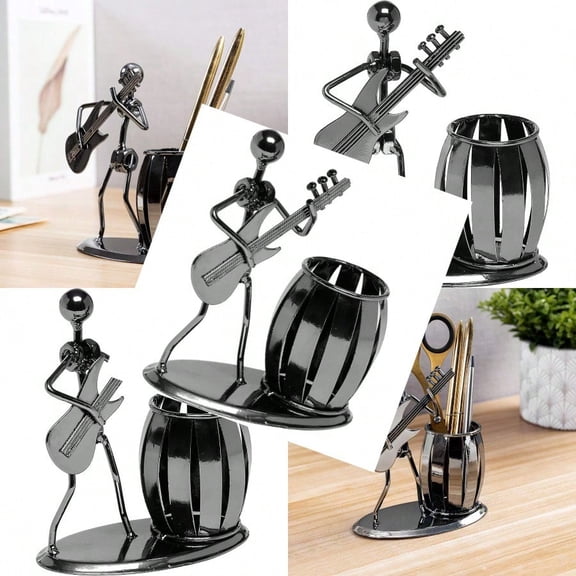 Decorative Gunmetal Gray Metal Desk Pen Holder Cup with Rocker and Guita Office plies Organizer Pencil Cup