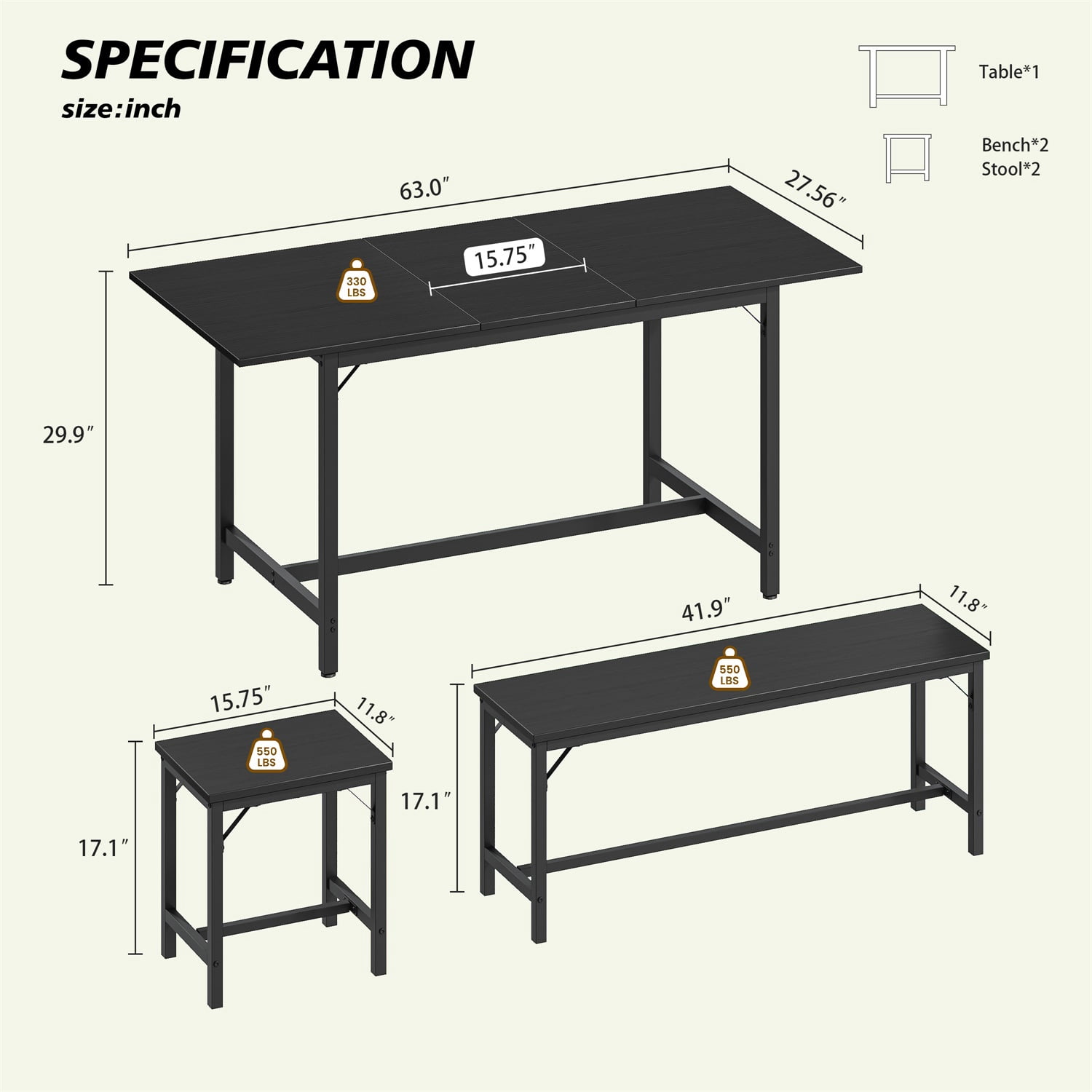 Hommoo 63" Expandable Dining Table Set for 4-8 People, Modern Extendable Kitchen Table with 2 Benches & 2 Stools, Wood Top & Metal Frame, Easy Assembly, Black
