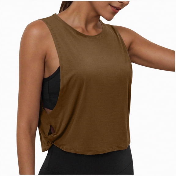 enyan Workout Tank Tops for Women with Built in Bra, Sleeveless Gym Tops Seamless Racerback Athletic Yoga Shirts Tops for Women Trendy,Brown,M