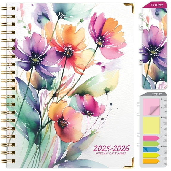 Academic Year 2025-2026 Planner, June 2025 - July 2026, 8.5"x11" Daily Weekly Monthly Planner Yearly Agenda, Hardcover, Bookmark, Pocket Folder and Sticky Note Set (Rainbow Floral)