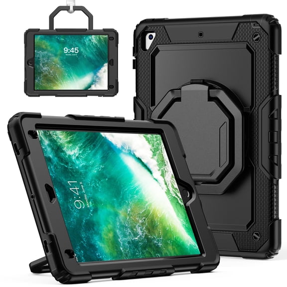 for iPad 6th/5th Generation Case 9.7 inch 2018/2017, 360 Rotating Shockproof Cover with Stand, Handle, Shoulder Strap, Black