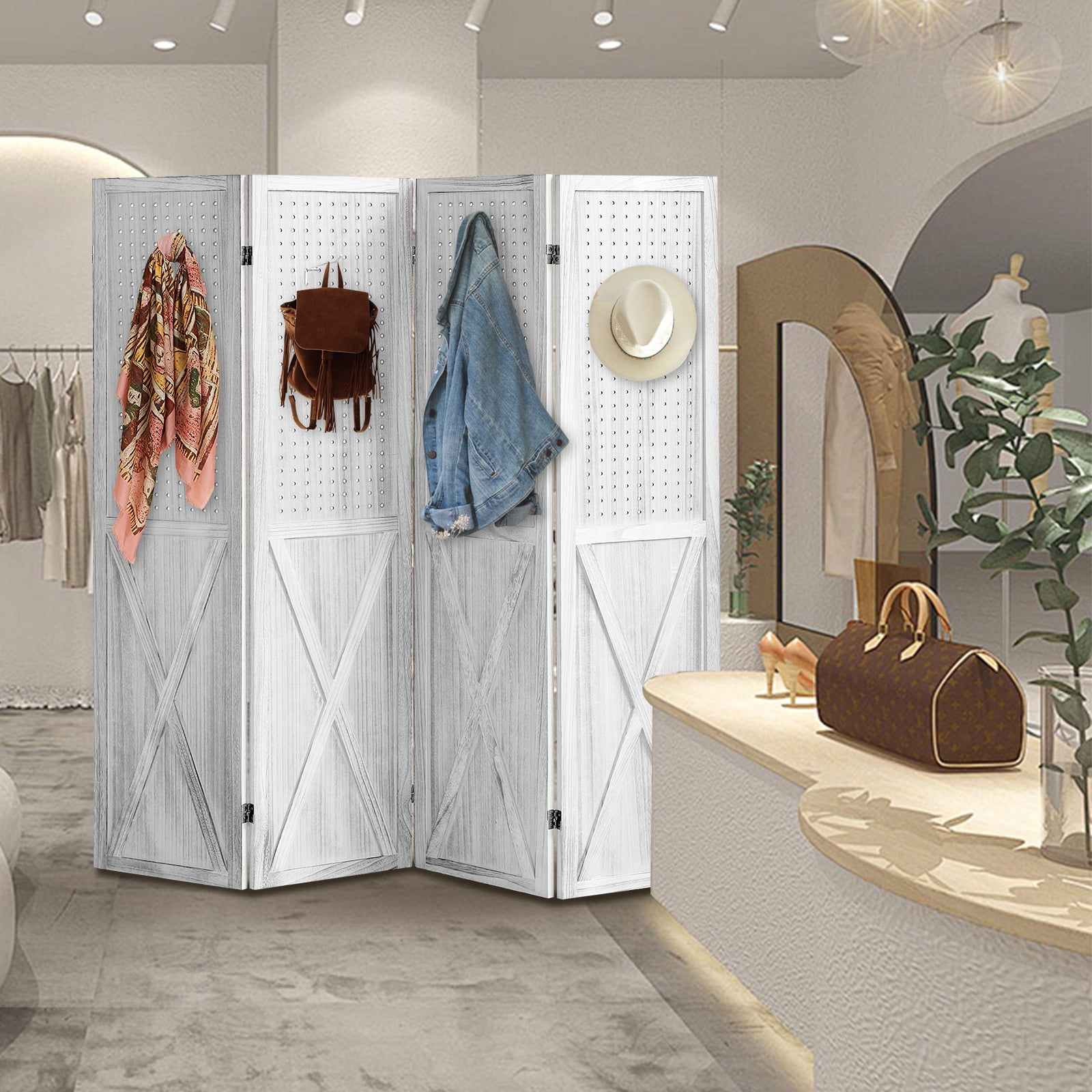 Aletheiawu 4 Panel Wood Room Divider, Folding Privacy Screens,No Installation Required, White