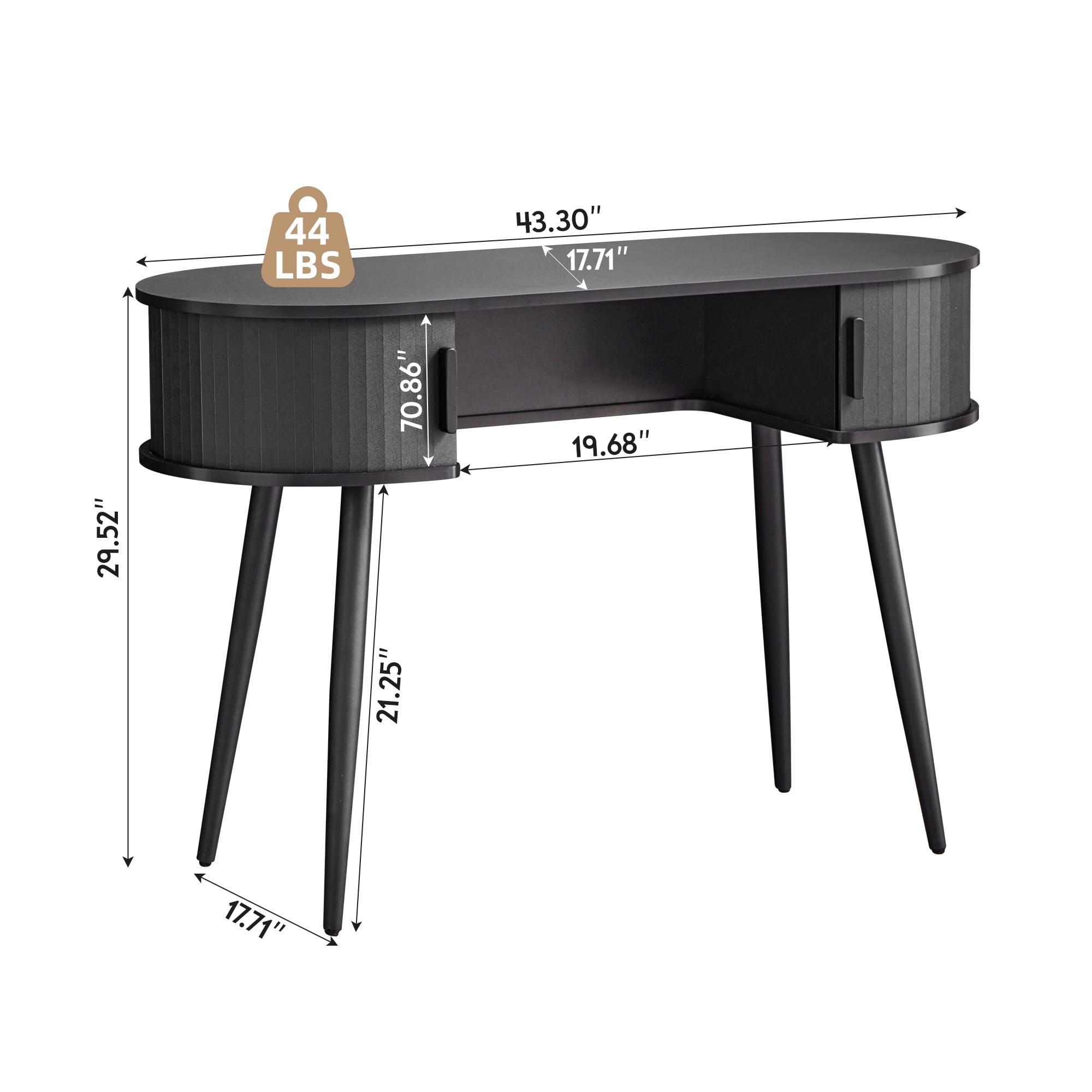 Wirrytor 43" Oval Fluted Home Office Desk, Small Computer Desk Mid Century Modern Vanity Table with Sliding Tambour Door, Wooden Writing Study Desk for Small Spaces, Bedroom, Office(Black)