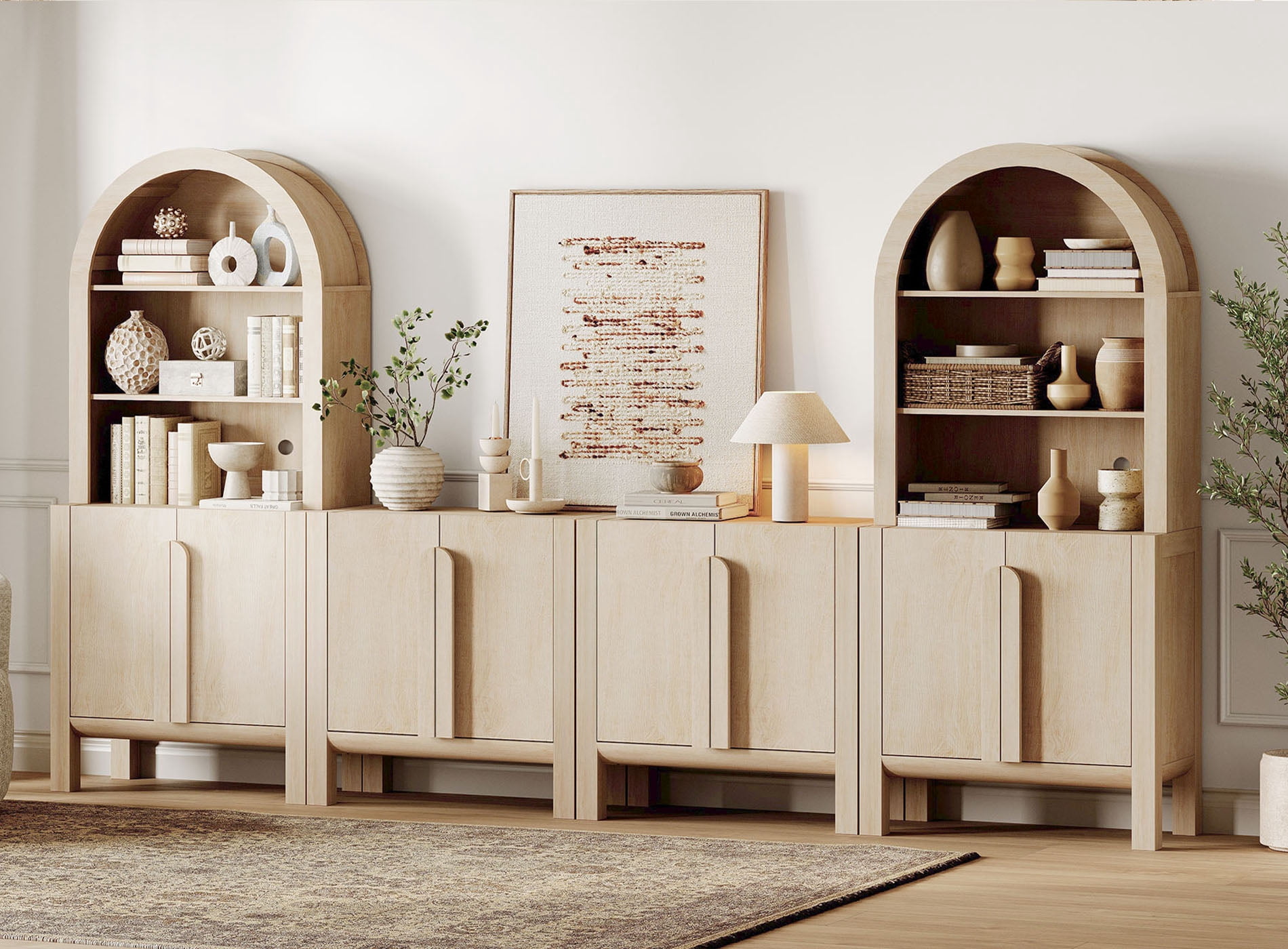 71"H X 126"W Tall Arched Bookshelf with 4 Cabinets and 8 Doors, Modern 10-Tier Bookcase with Open Storage, Large Wood Display Cabinet For Living Room Bedroom Home Office Kitchen