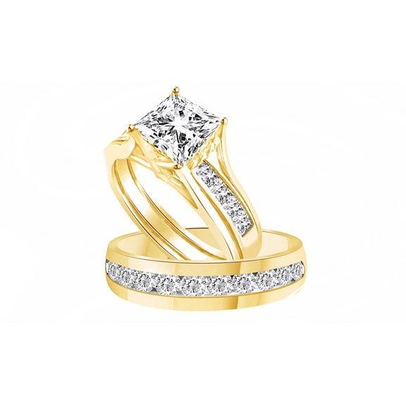 AFFY Princess & Round White CZ Engagement and Wedding Trio Fashion Ring Set In 14k Solid Yellow Gold (3.65 Cttw)