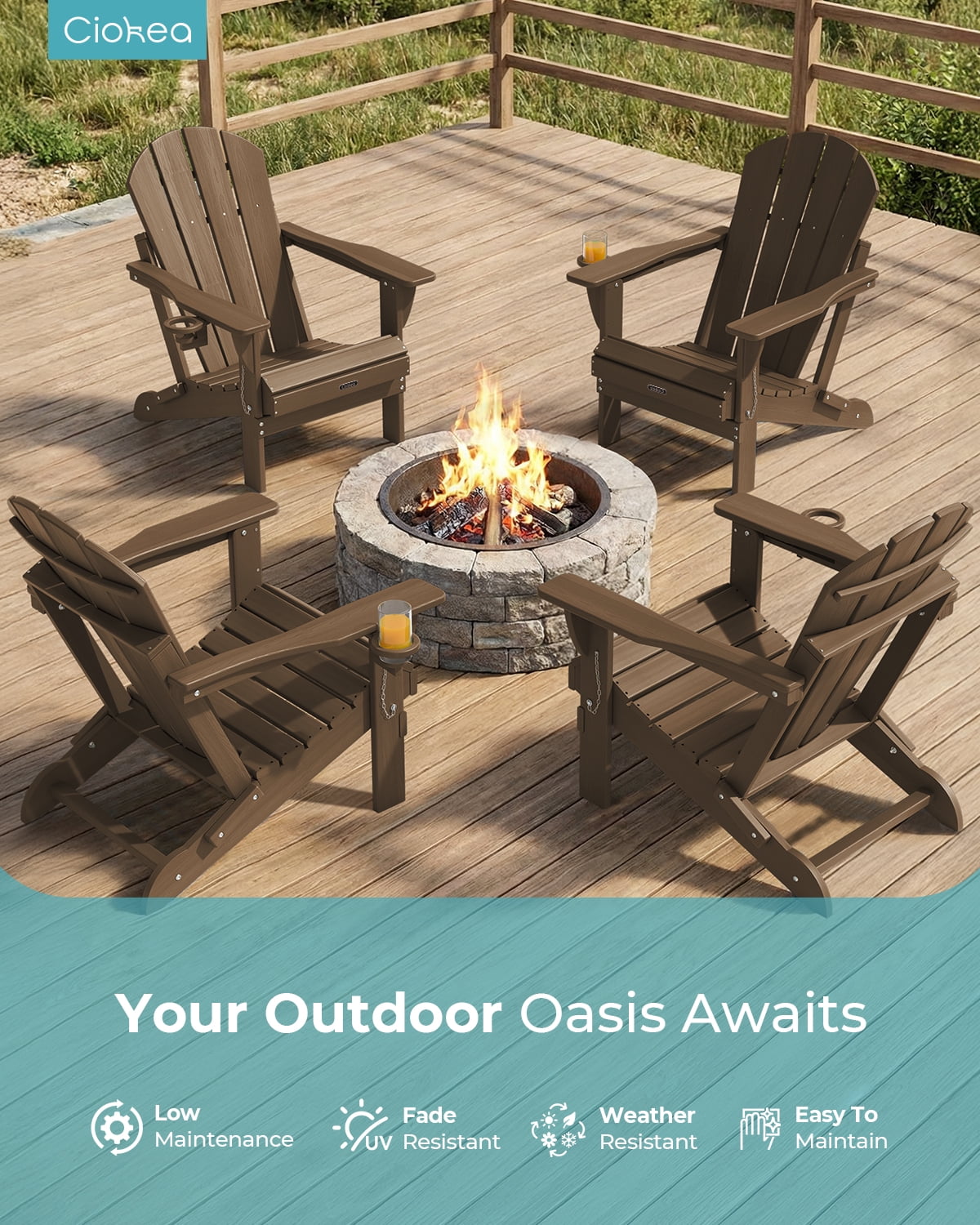 Folding Adirondack Chair, All-Weather HDPE Fire Pit Patio Chair, Brown