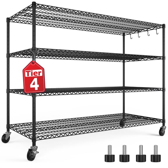TrumanPick 4-Tier Wire Shelving with Wheels 55.5"W x 24"D x 81"H Heavy Duty Storage Shelves Adjustable Garage Shelving Unit, Storage Rack for Kitchen Pantry, Black