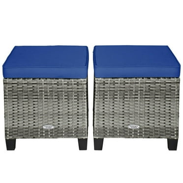 Topcobe 2 Pieces Patio Rattan Ottoman Seat with Removable Cushions, Outdoor Patio Furniture-Navy