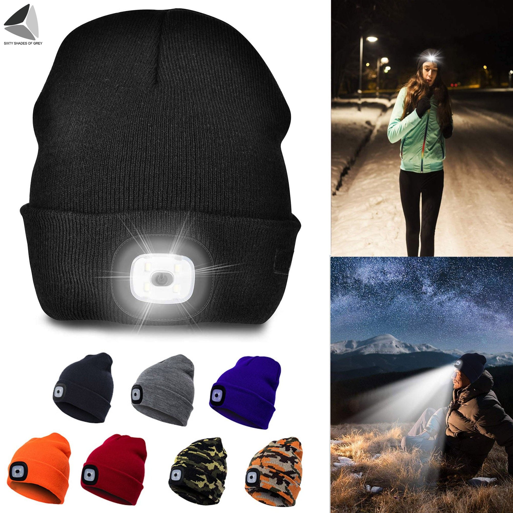 Outdoor Activities USB Rechargeable Red LED Beanie Hat with Light Camping Accessories Unisex Winter Warmer Knit Hat with Light for Men and Women Headlamp Cap Adjustable Brightness