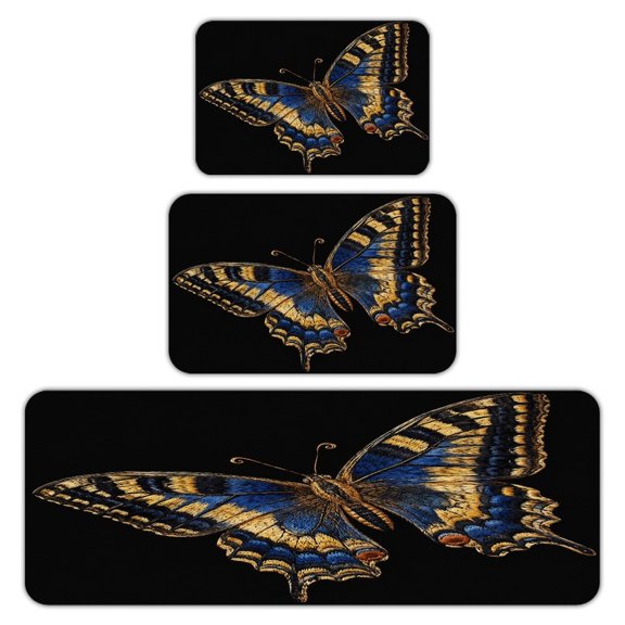 RKSupls Kitchen Rug Set 3 Piece Anti-Slip Flannel Floor Mats, Embroidered Swallowtail Butterfly Washable Absorbent Runner Mats for Kitchen Bathroom Home Decor