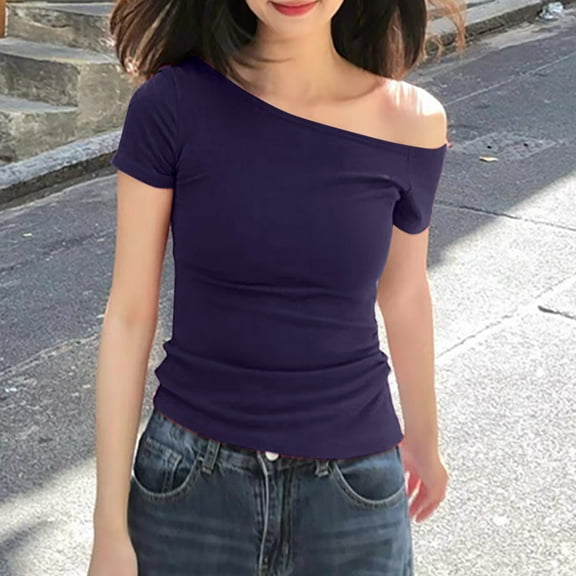 Vekome Short Sleeve Tops for Women Summer Shirts Loose Off Shoulder Neck Casual Tee Shirts Solid Color Pullover Tops